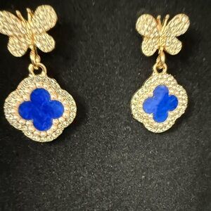 Elegant Gold and Blue Clover Earrings